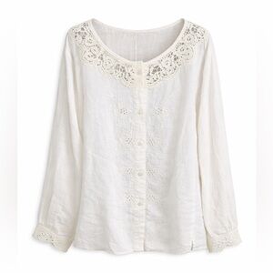 J Jill Linen Blouse White Crochet Lace Collar Boho Cottagecore Relaxed Top